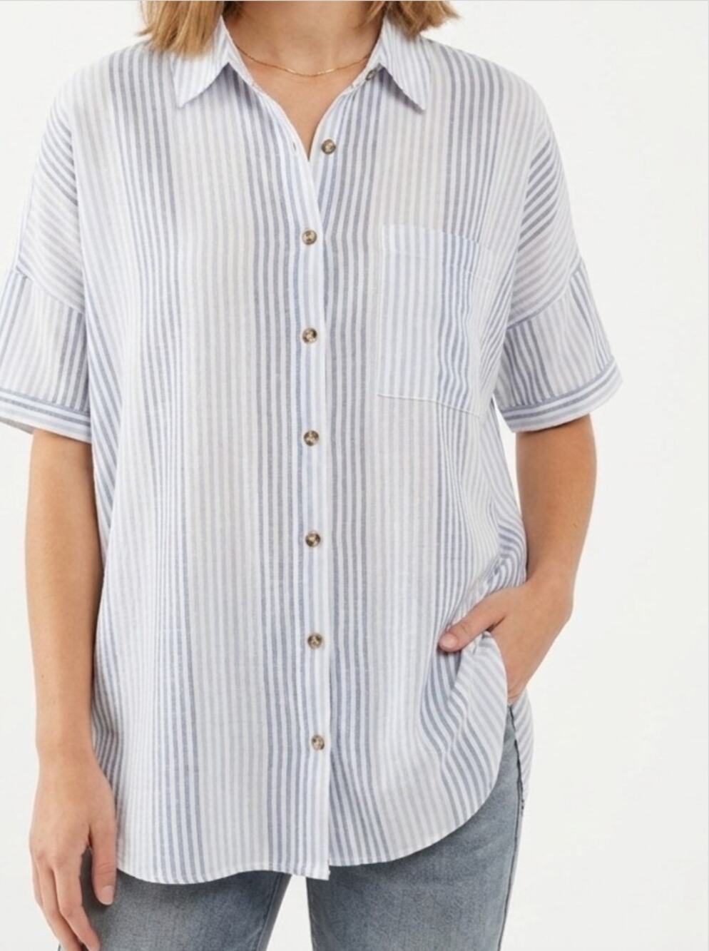 Dex Blue Stripe Linen Viscose Top Button Down Blouse Boxy Camp Shirt L Oversized